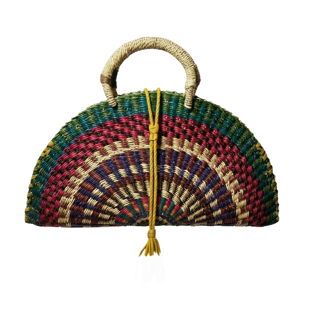 Large KUSANA Half-Moon Handwoven Bag with Brass Mask Charm