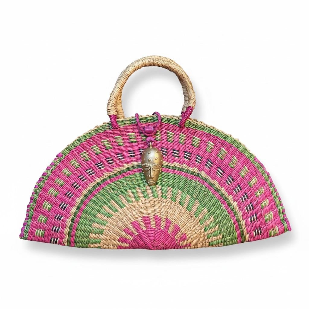 Large KUSANA Half-Moon Handwoven Basket Bag – (Brass Mask Charm)