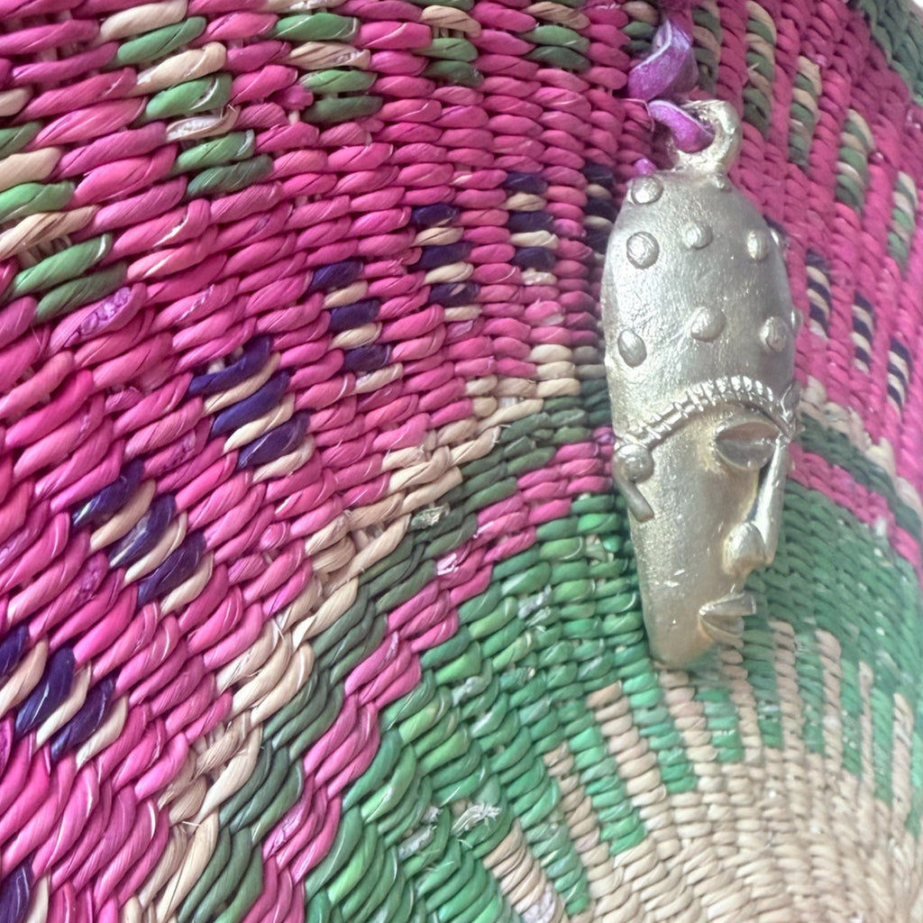 Large KUSANA Half-Moon Handwoven Basket Bag – (Brass Mask Charm)