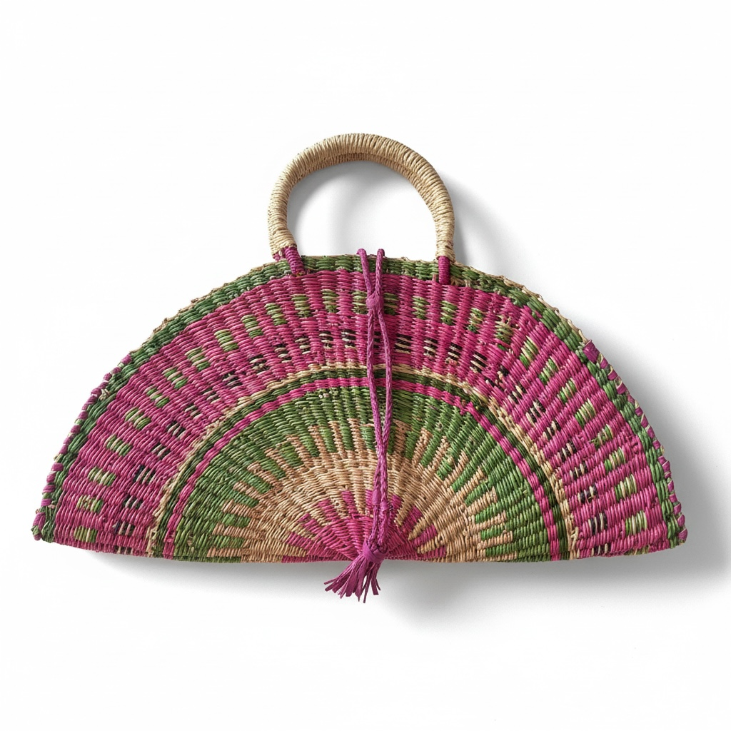 Large KUSANA Half-Moon Handwoven Basket Bag – (Brass Mask Charm)