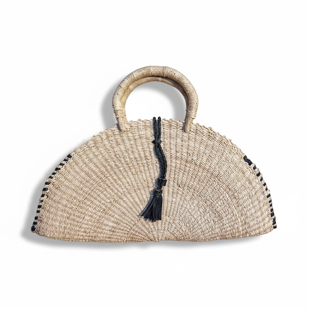 Large KUSANA Half-Moon Handwoven  Bag with Brass Mask Charm.