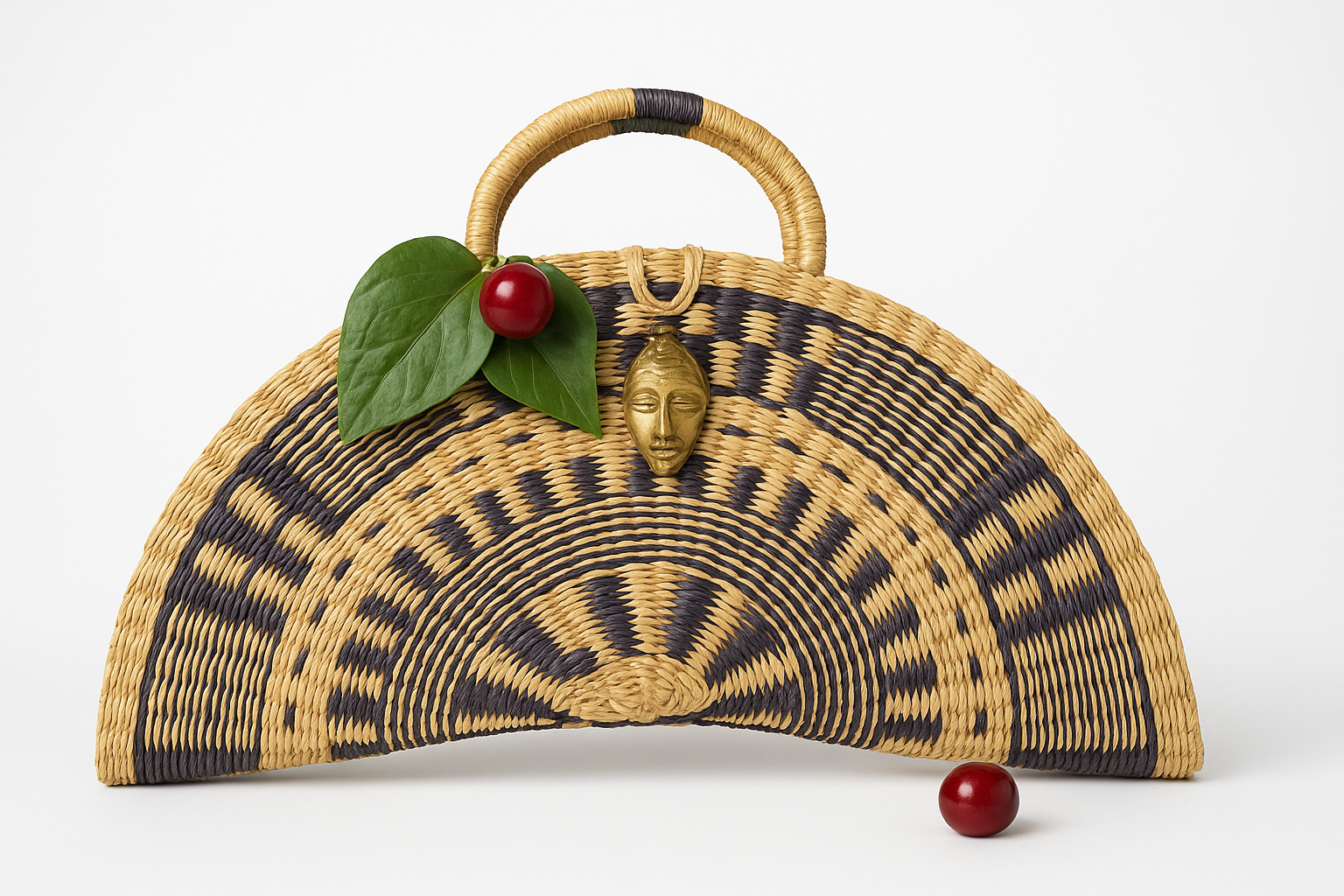 Kongo  Handwoven Natural & Navy Half-Moon bag with Brass mask Pendant