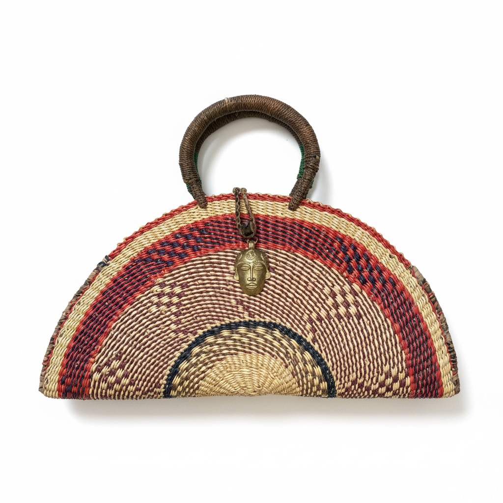 Large KUSANA Half-Moon Handwoven Straw Bag with Brass Mask