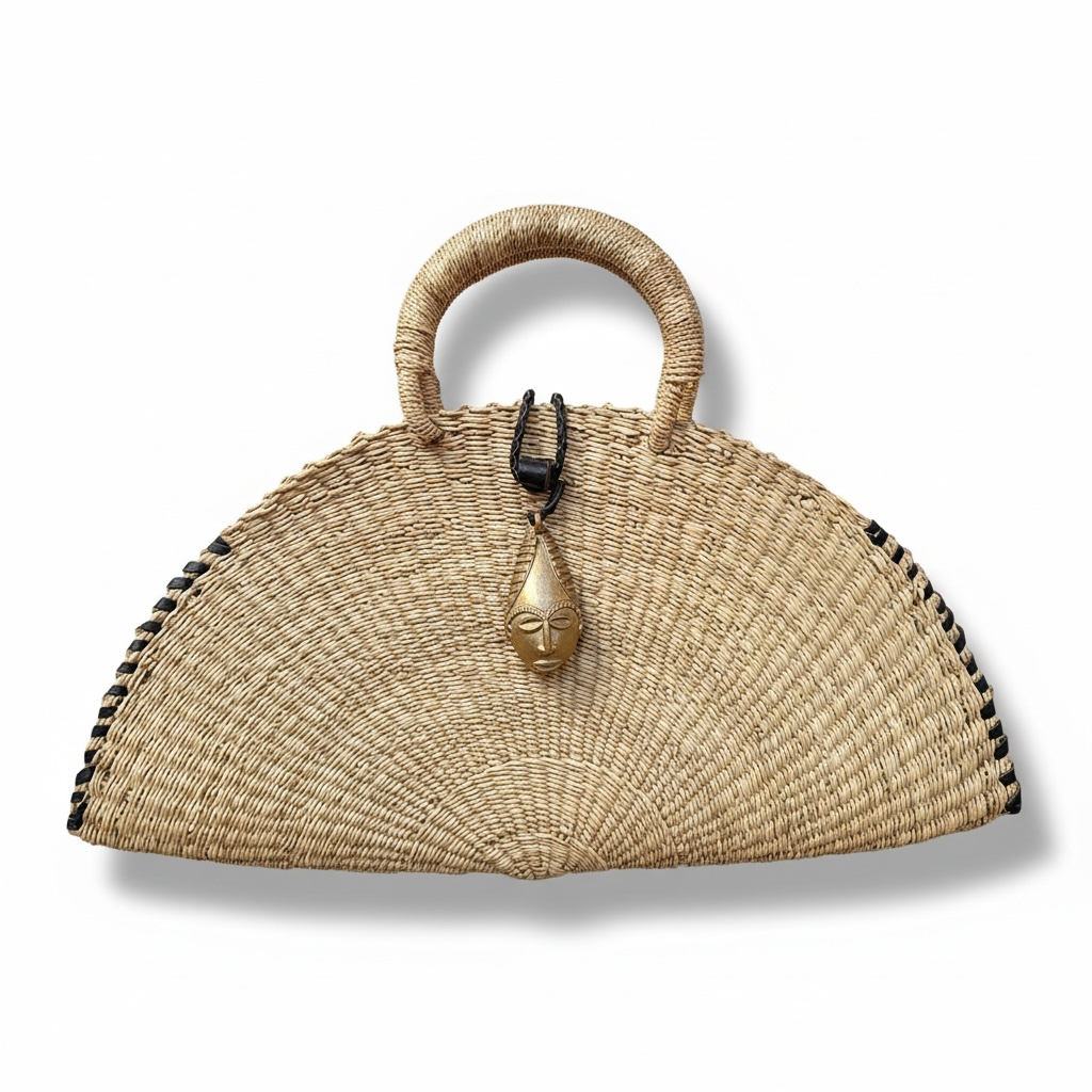 Large KUSANA Half-Moon Handwoven  Bag with Brass Mask Charm.