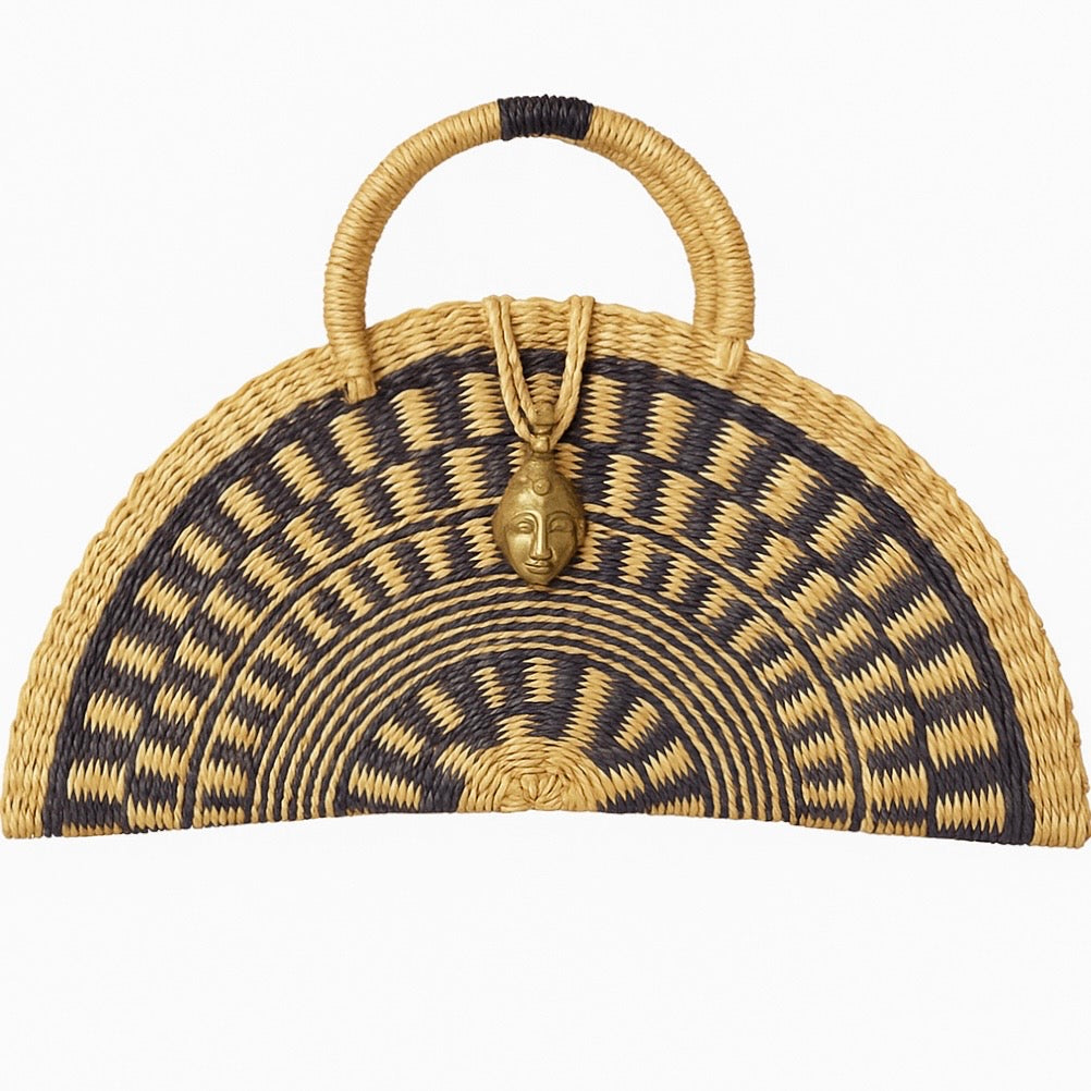 Kongo  Handwoven Natural & Navy Half-Moon bag with Brass mask Pendant
