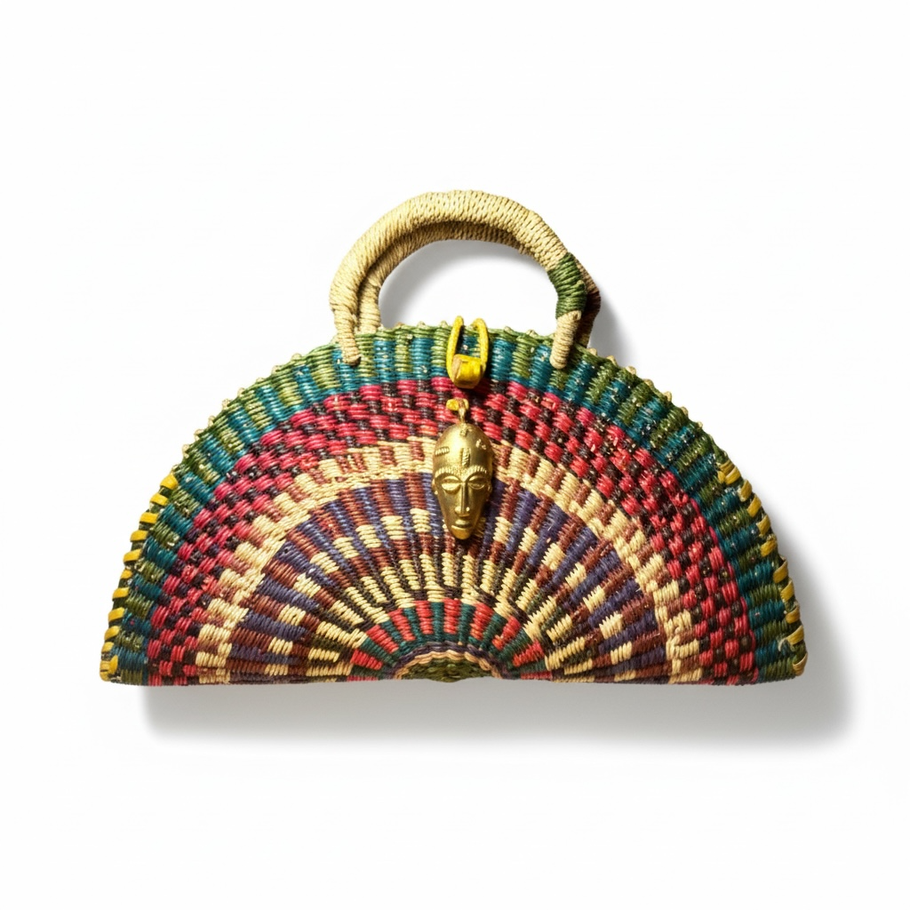 Large KUSANA Half-Moon Handwoven Bag with Brass Mask Charm