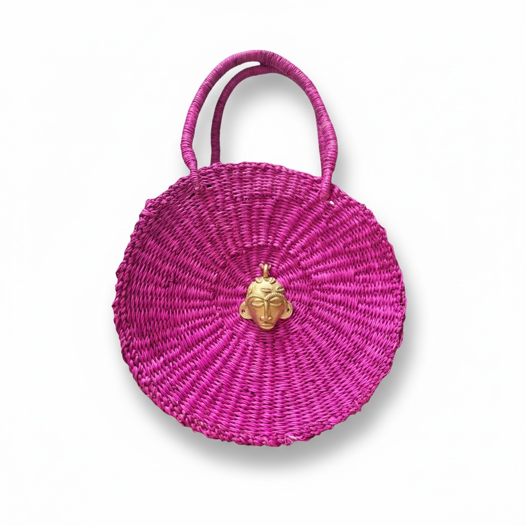 Esengo Round Fuchsia Handwoven Elephant Grass Bag.