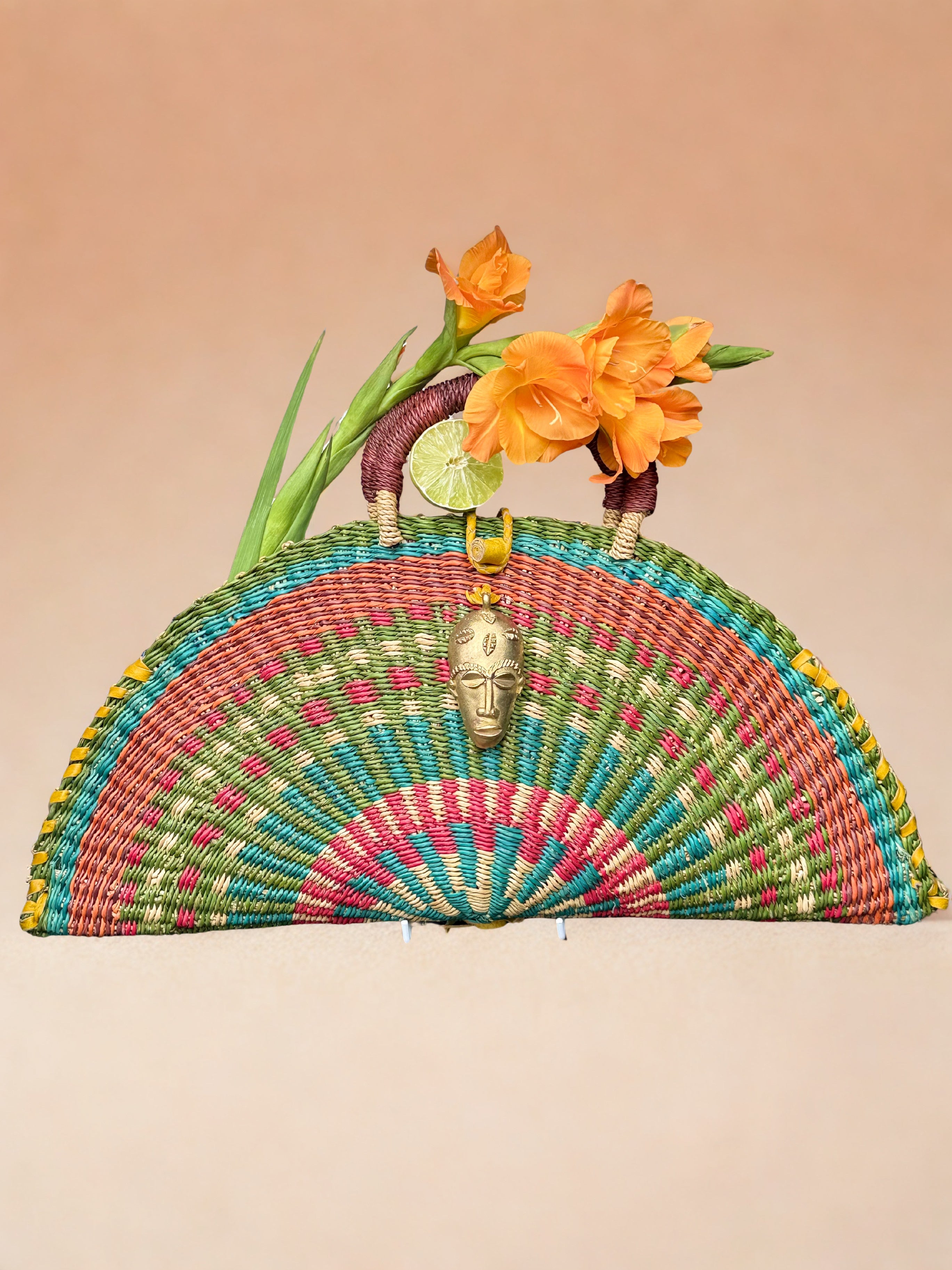 Sunburst Half-Moon Handwoven Bag with Brass Mask