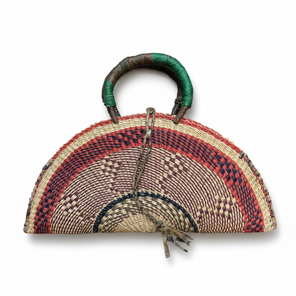 Large KUSANA Half-Moon Handwoven Straw Bag with Brass Mask