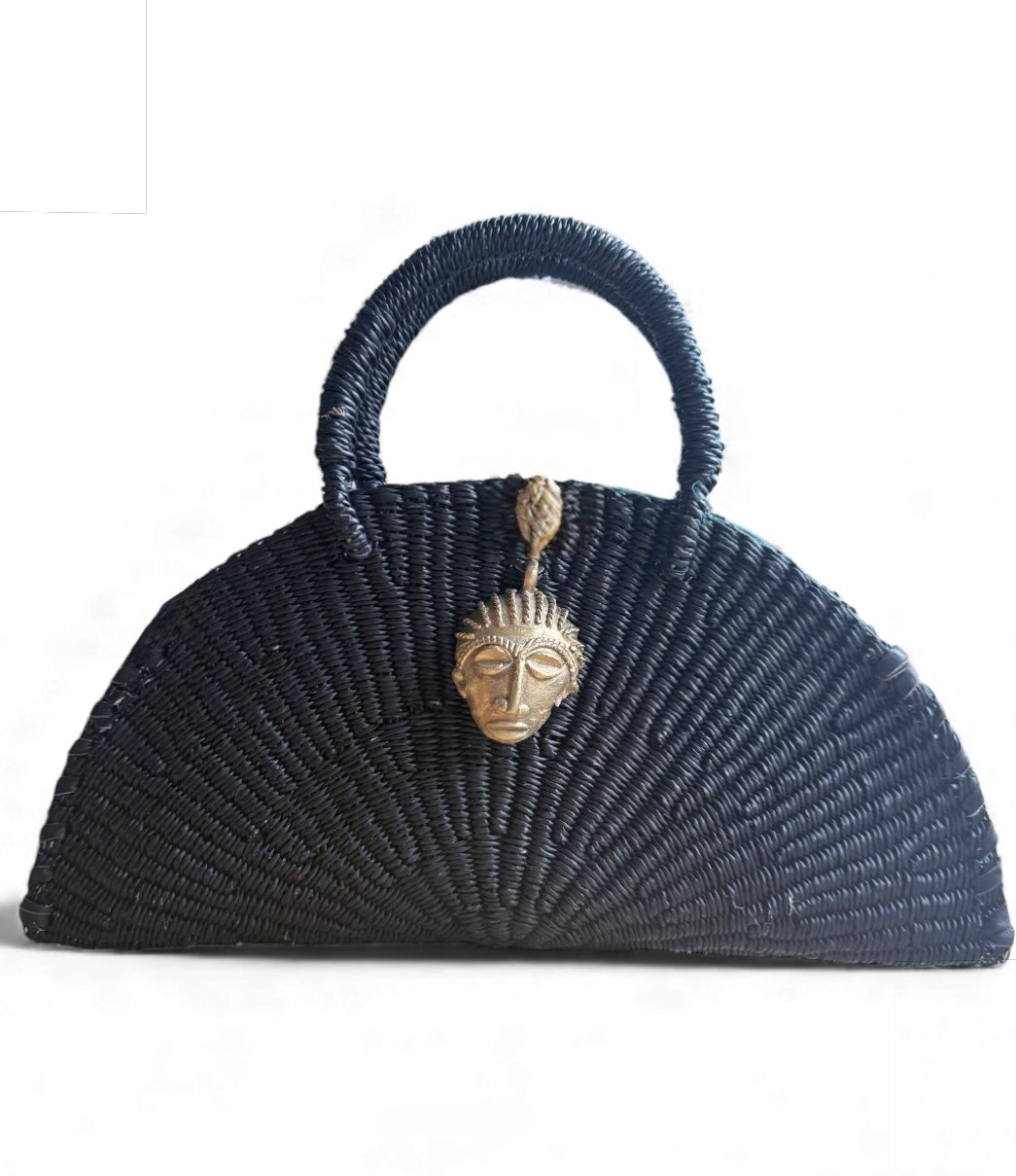 Handwoven Black Half-Moon Raffia Bag with Brass Mask – Artisan Made in Ghana