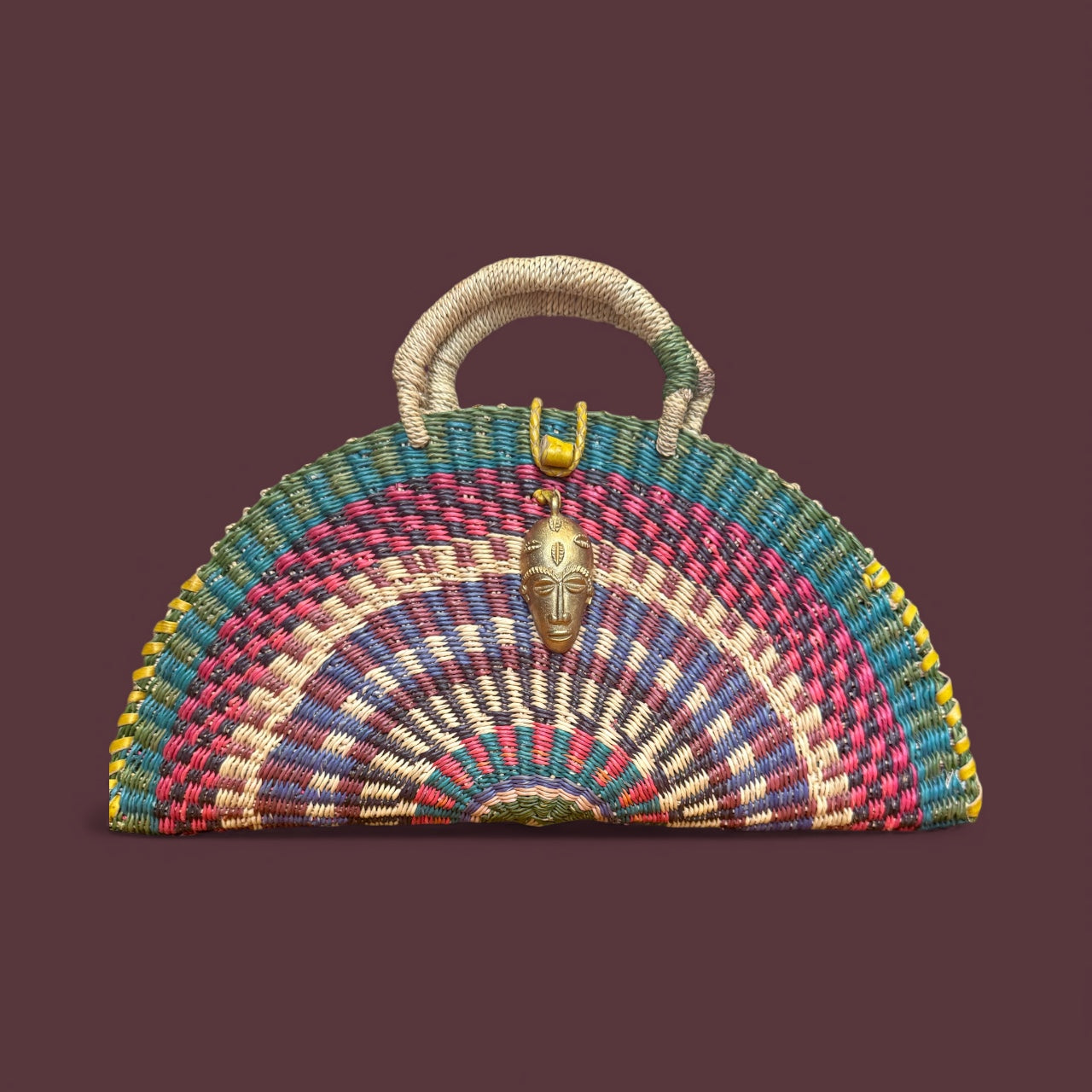 Kongo Half-Moon Raffia Bag — Teal & Crimson with Brass Mask Pendant by