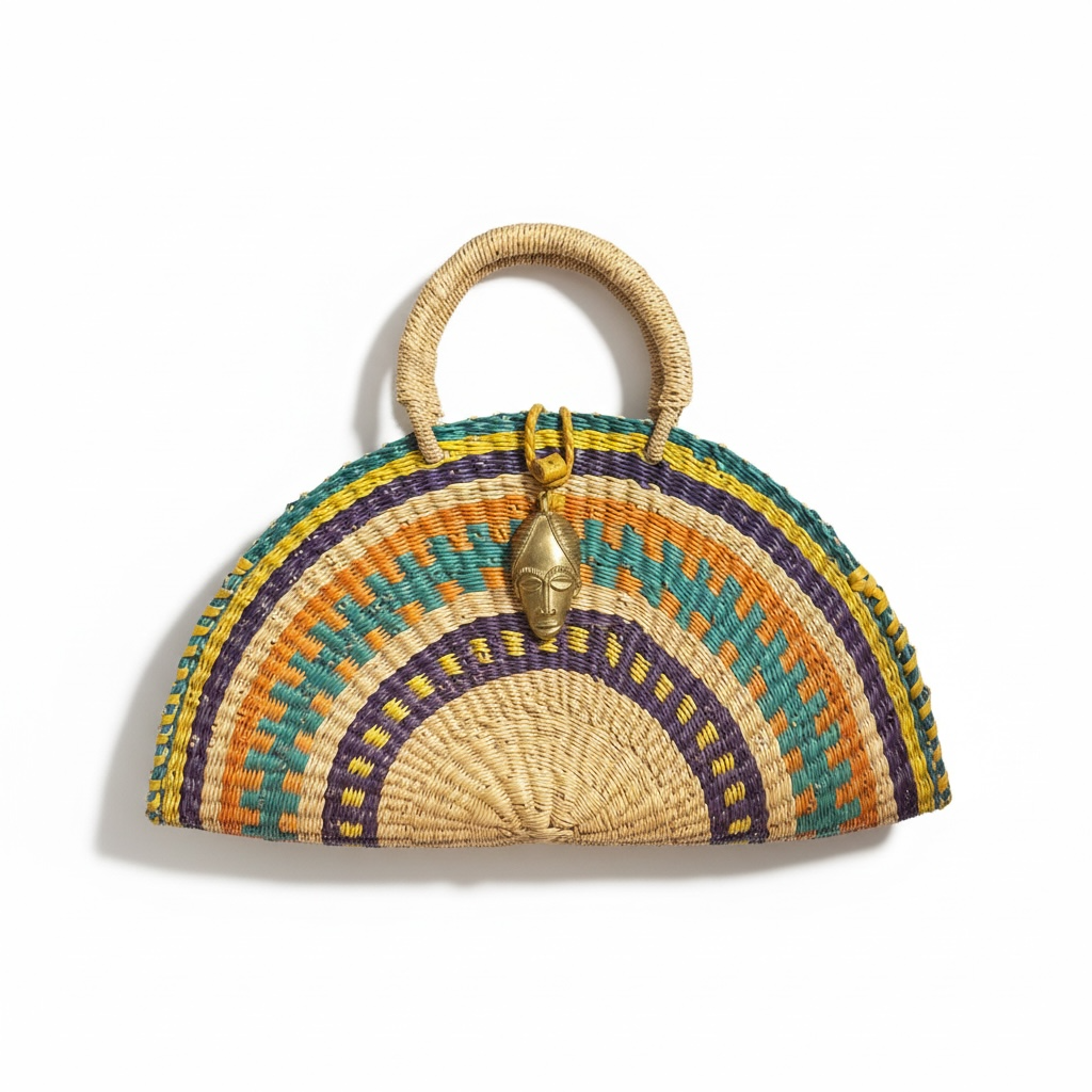 Large KUSANA Half-Moon Handwoven  Bag – Natural Straw with Blue, Green & Indigo