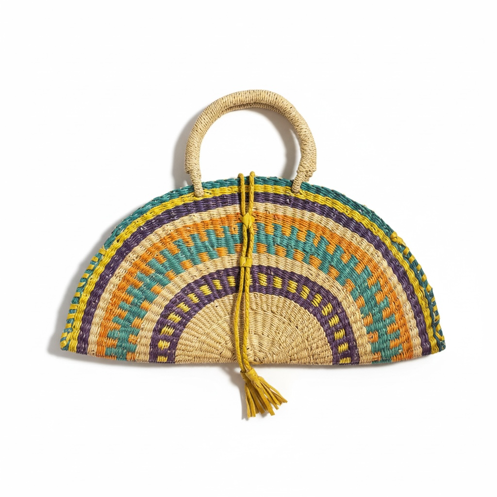 Large KUSANA Half-Moon Handwoven  Bag – Natural Straw with Blue, Green & Indigo