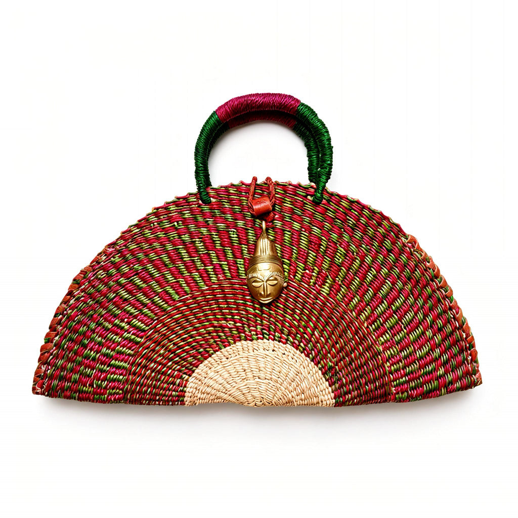 Large KUSANA Half-Moon Handwoven Bag with Brass Mask Charm