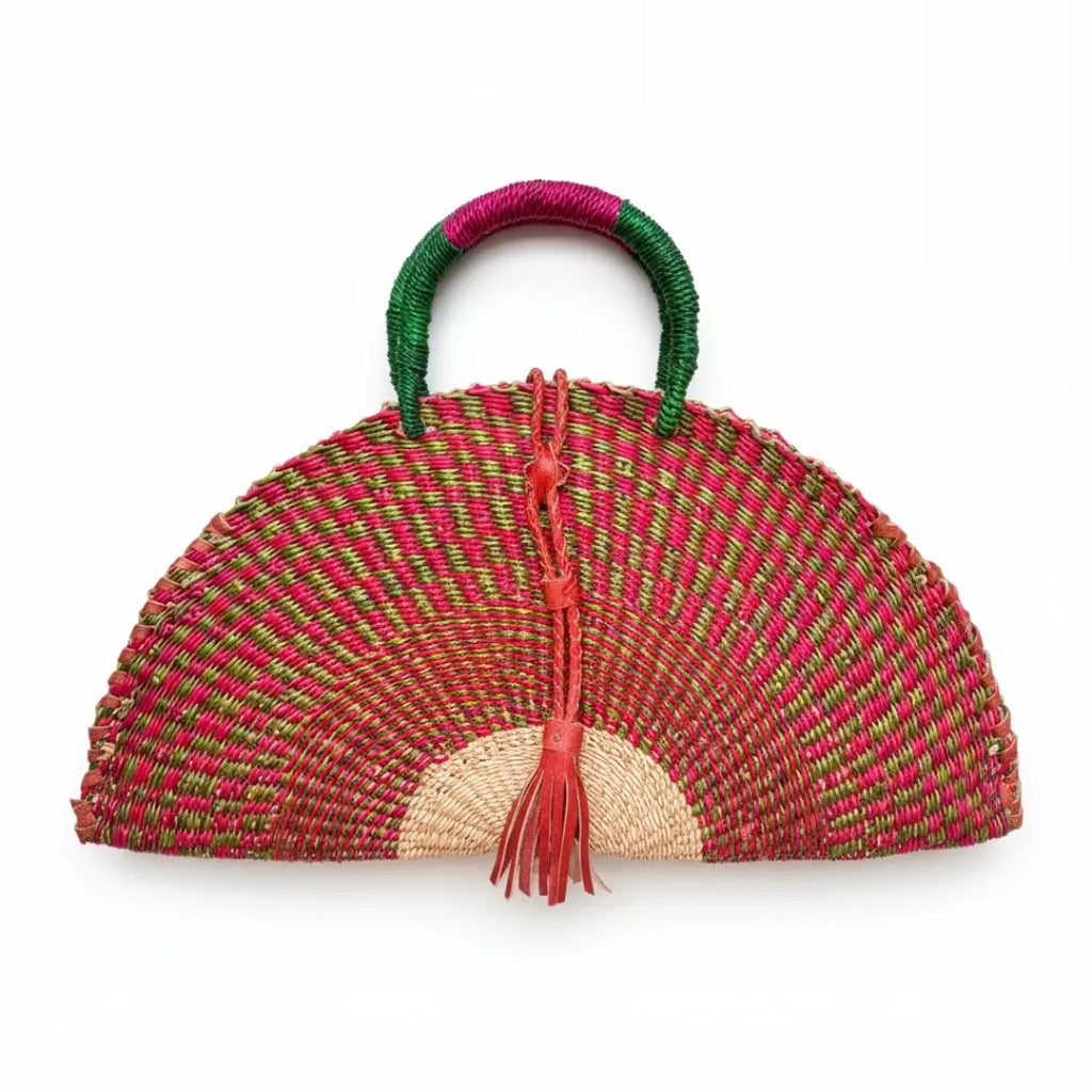 Large KUSANA Half-Moon Handwoven Bag with Brass Mask Charm