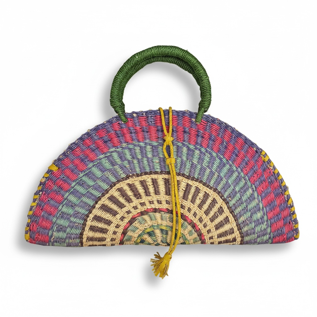 Large KUSANA Half-Moon Handwoven  Bag – (Natural Straw Multicolour)