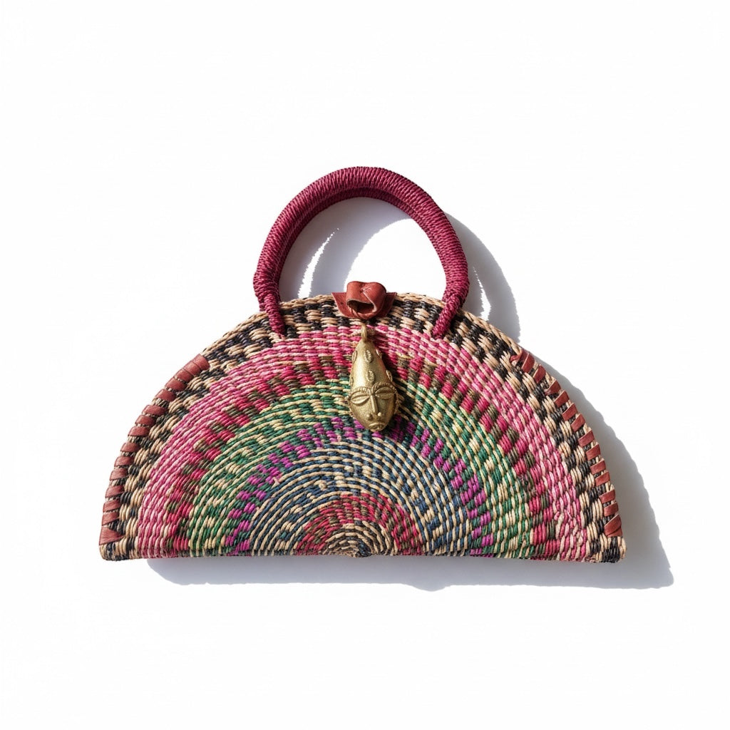 Medium Kongo Handwoven Half-Moon Bag with Brass Mask Pendant and Red Handles