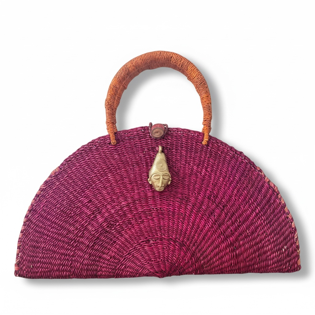 Kusana Large Handwoven Bag – Deep Berry Red with Brass Mask Charm