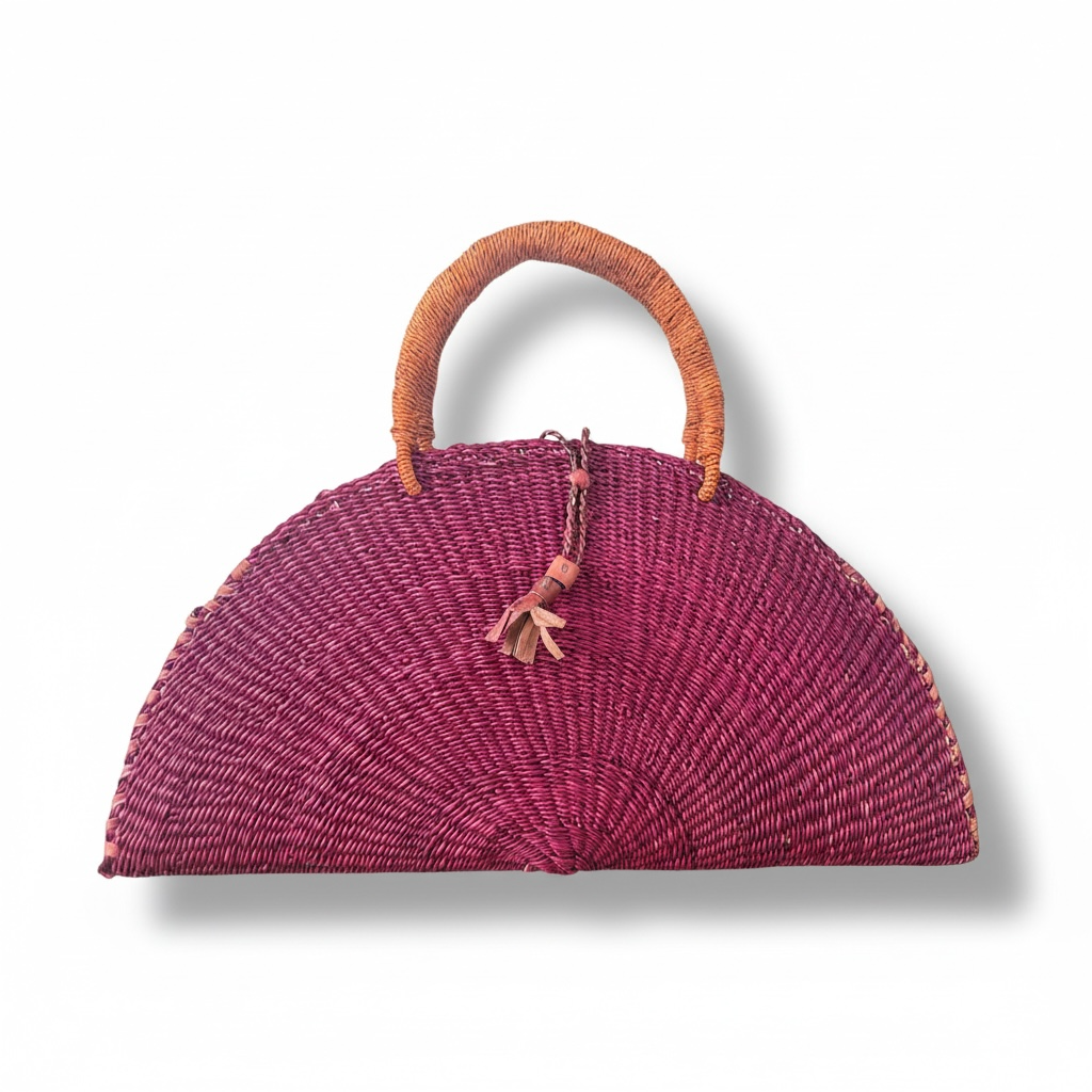Kusana Large Handwoven Bag – Deep Berry Red with Brass Mask Charm